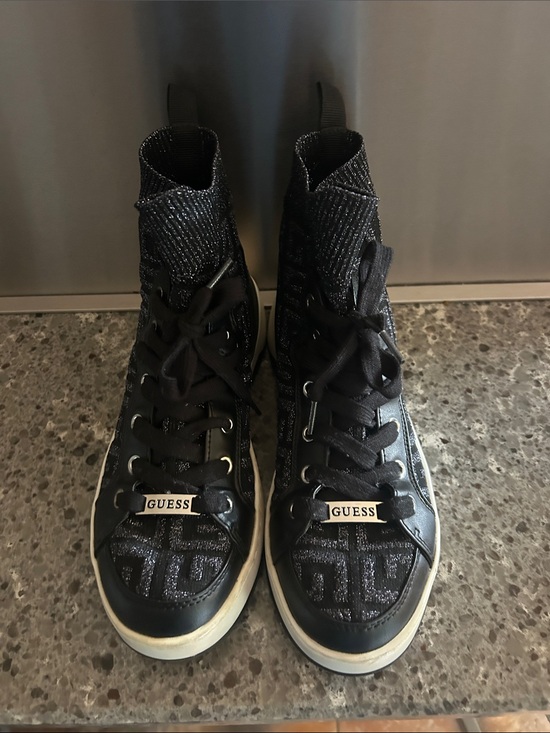 Guess Shoes - GUESS Black Knit High-Top Logo Sneakers with Silver Accents